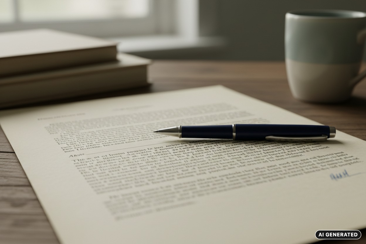 AI Generated: A blue pen rests on a printed document next to a stack of books and a coffee mug on a wooden desk.